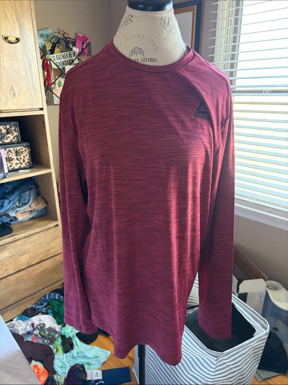 Reebok Men’s Heathered Burgundy Long-Sleeve Performance Tee- Large